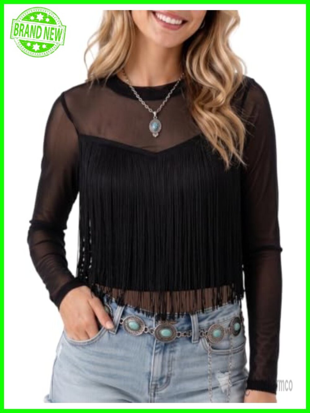 Womens Fringe Mesh Sheer Western Cowgirl Blouse Long Sleeve